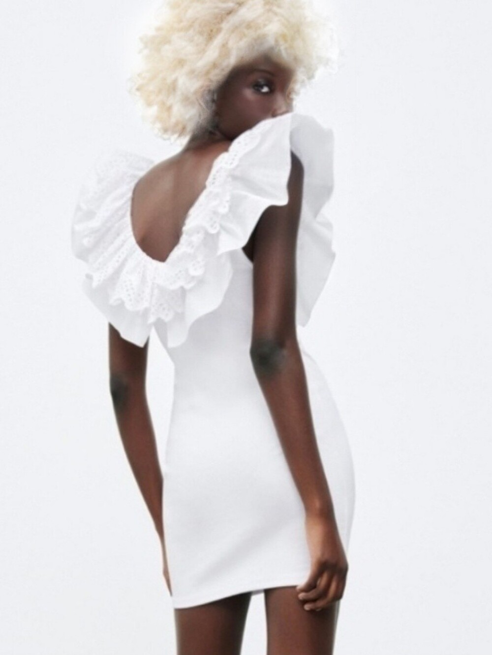 Zara White Ruffle Ribbed Stretch Mini Dress Eyelet Embroidery  M